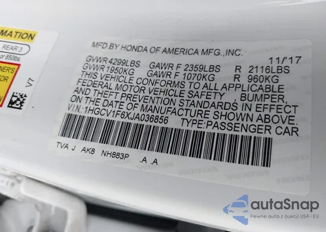 2018 Honda Accord Exl из США, поврежденный, VIN 1HGCV1F6XJA036856